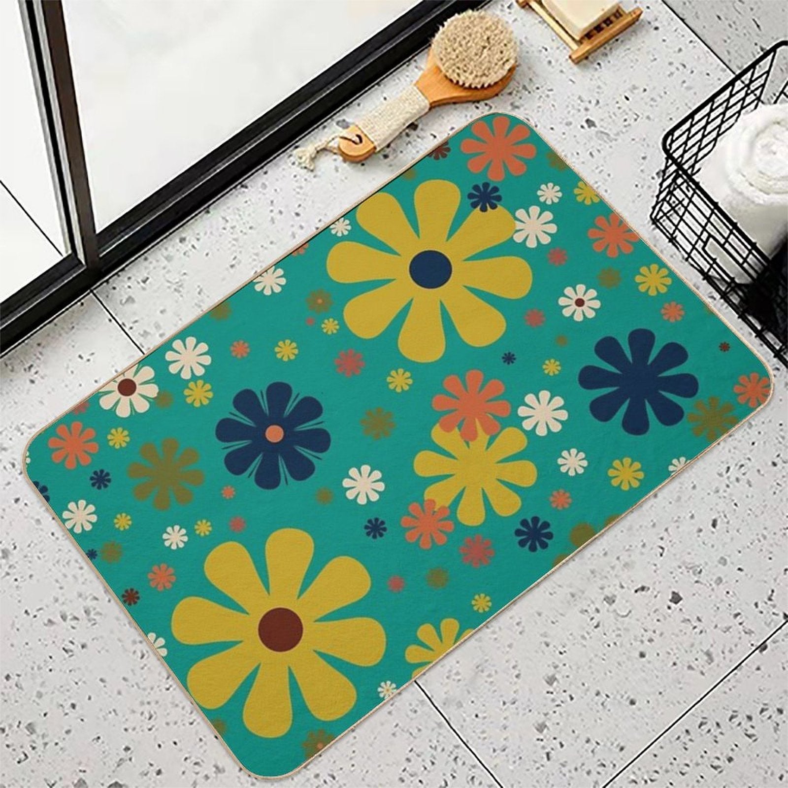 Flowerama - Retro 60s Floral Pattern in Mid Mod Mustard, Olive, Orange, Beige, And Turquoise Teal  Multi-Purpose Bath Mat