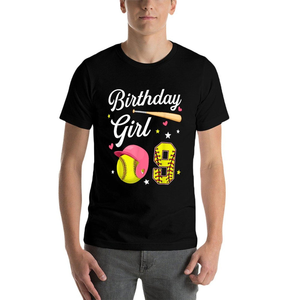 9th Birthday Girl Softball Ninth Bday 9 Yrs Nine Years Old  Heathered Texture T-Shirt