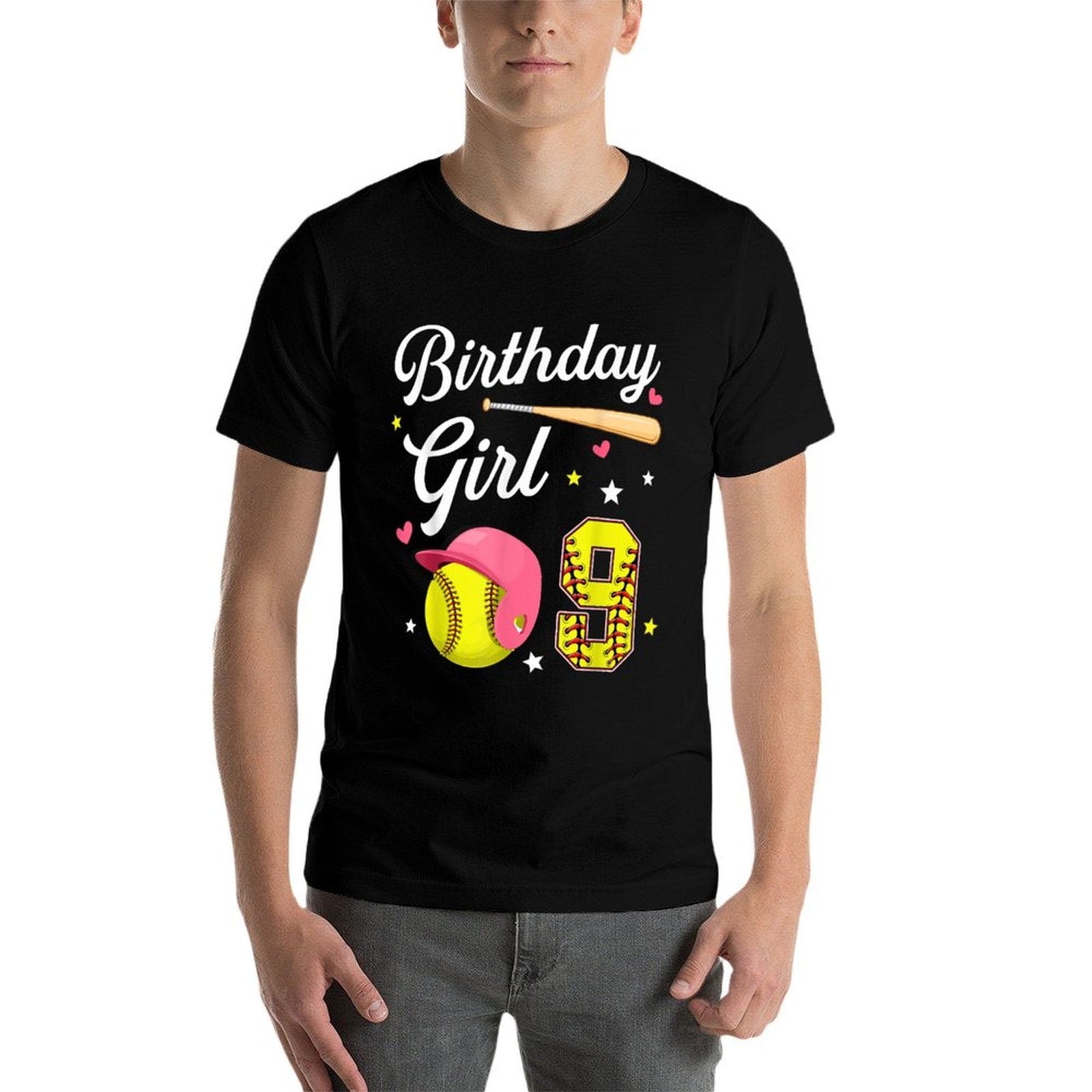 9th Birthday Girl Softball Ninth Bday 9 Yrs Nine Years Old  Heathered Texture T-Shirt