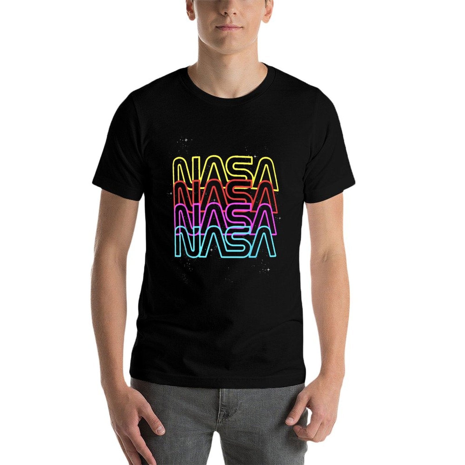 NASA Neon Rainbow Repeat Text Logo  Trendy Pattern T-Shirt