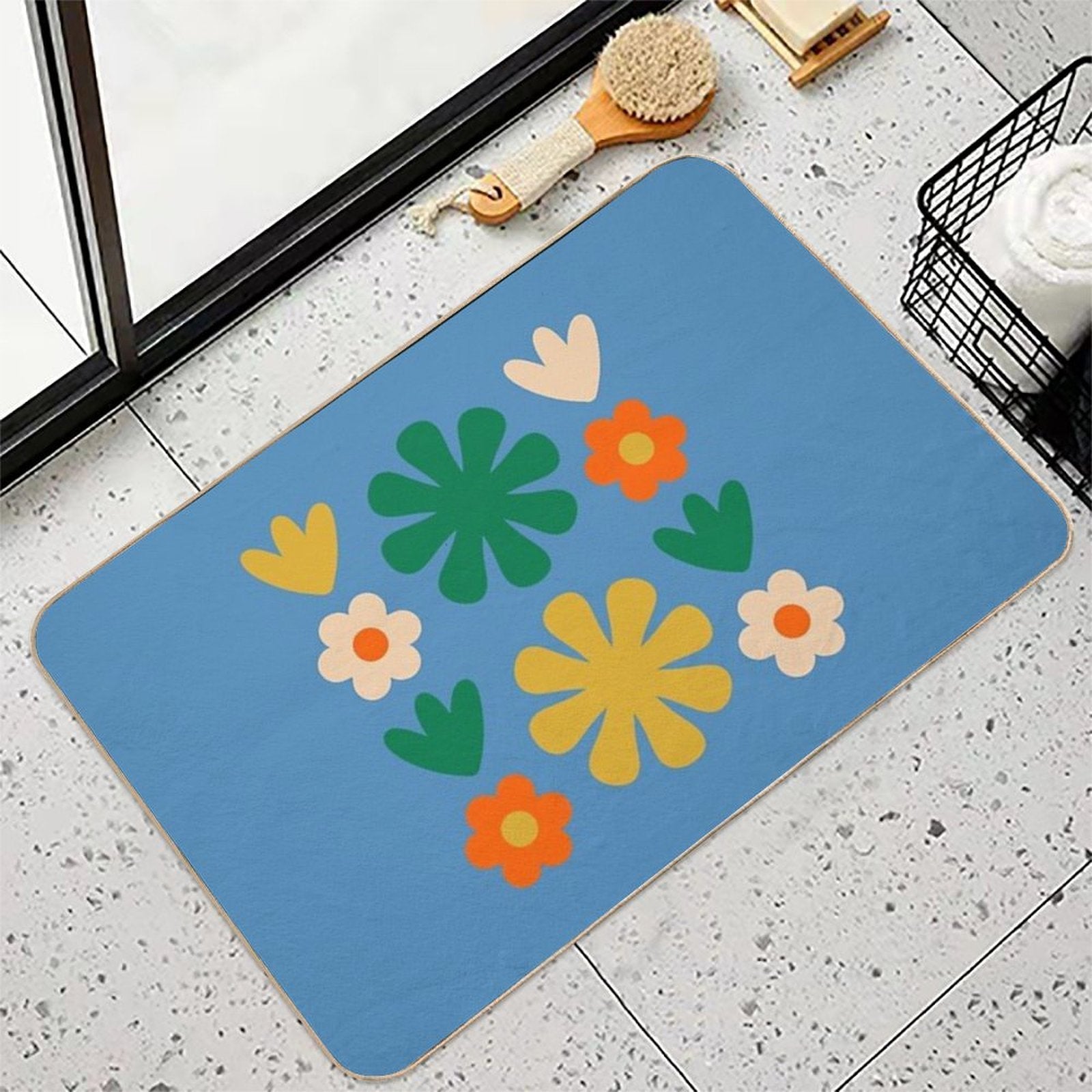 Retro Modern Scandi Flower Grid Pattern Blue Green Mustard Orange Beige  Easy Maintenance Bath Mat