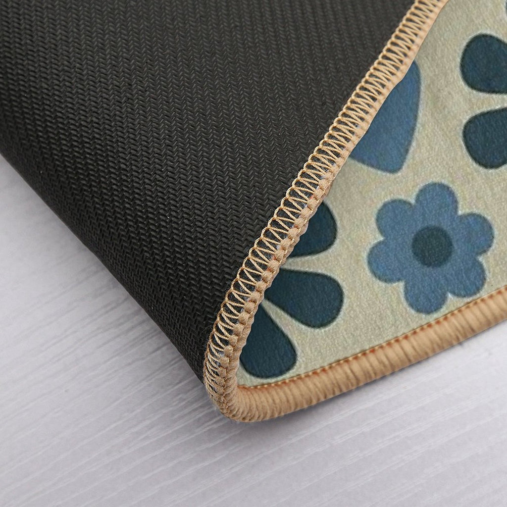 Scandi Floral Grid Retro Pattern in Vintage Blue And Beige  Long-Lasting Bath Mat