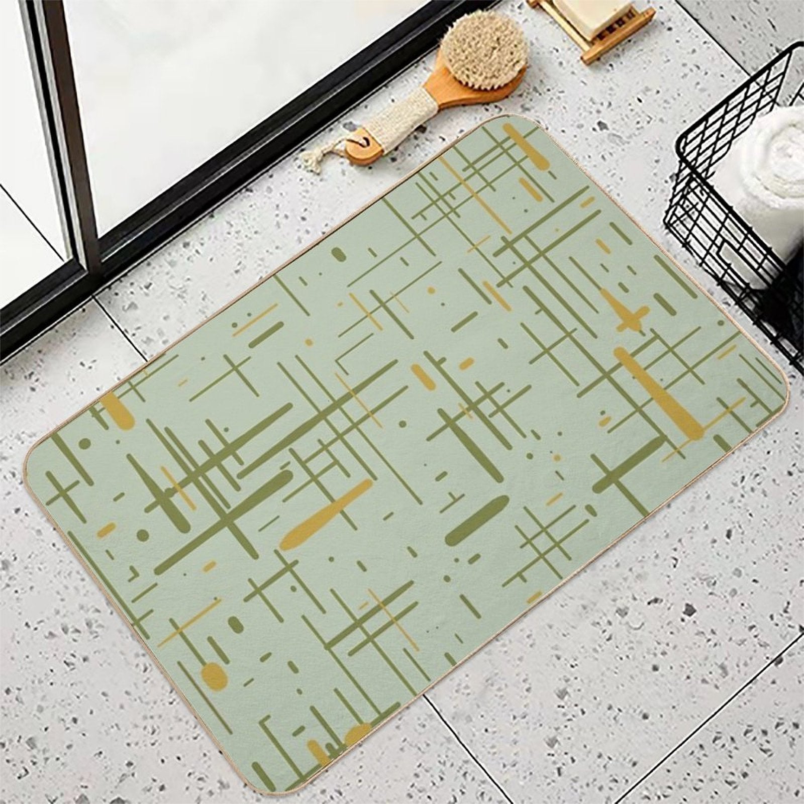 Mid-Century Modern Kinetikos Pattern Celadon Olive Green Mustard Gold  Versatile Bath Mat