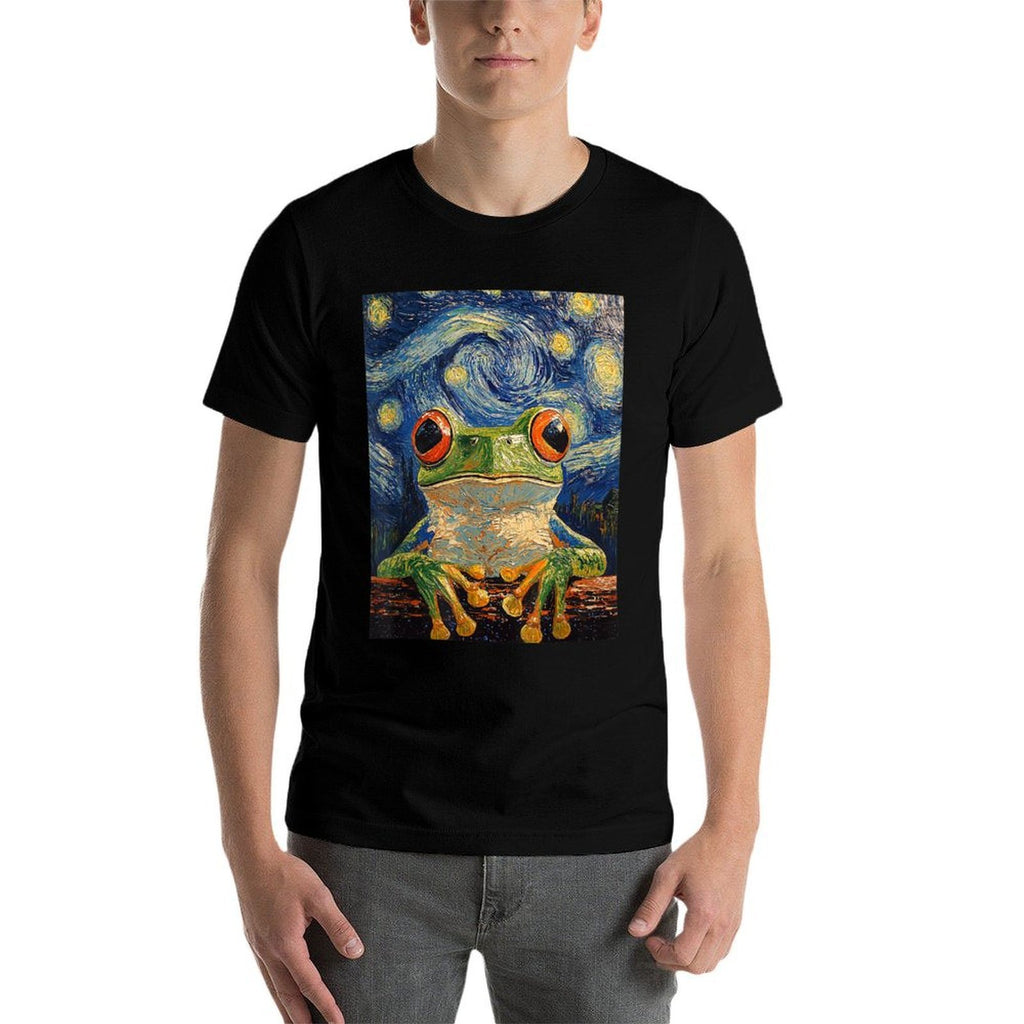 Funny Frog Graphic - Van Gogh Style - Starry Night  Rolled Sleeves T-Shirt