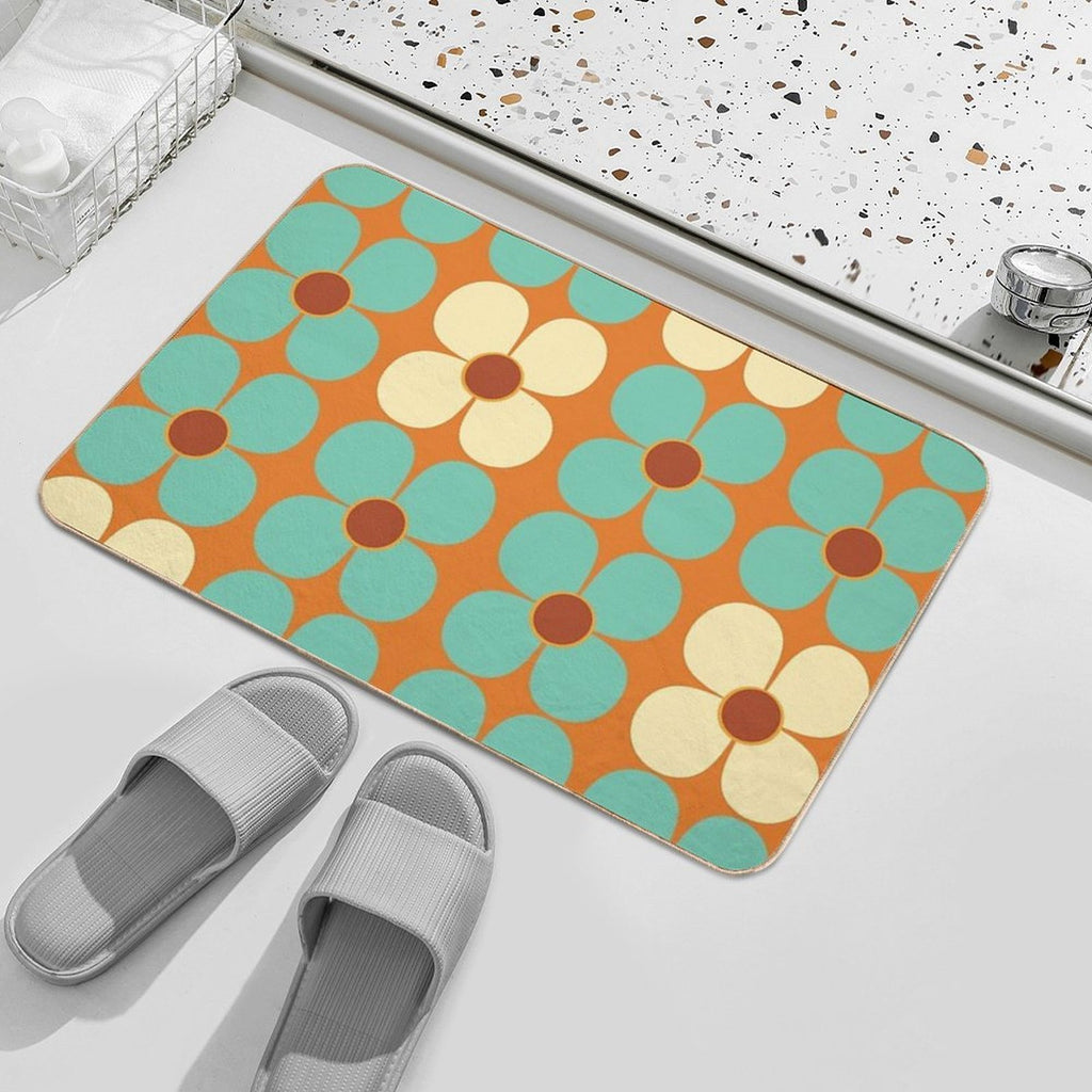 Retro Land Flower Power Blue And Cream  Toxin-Free Bath Mat