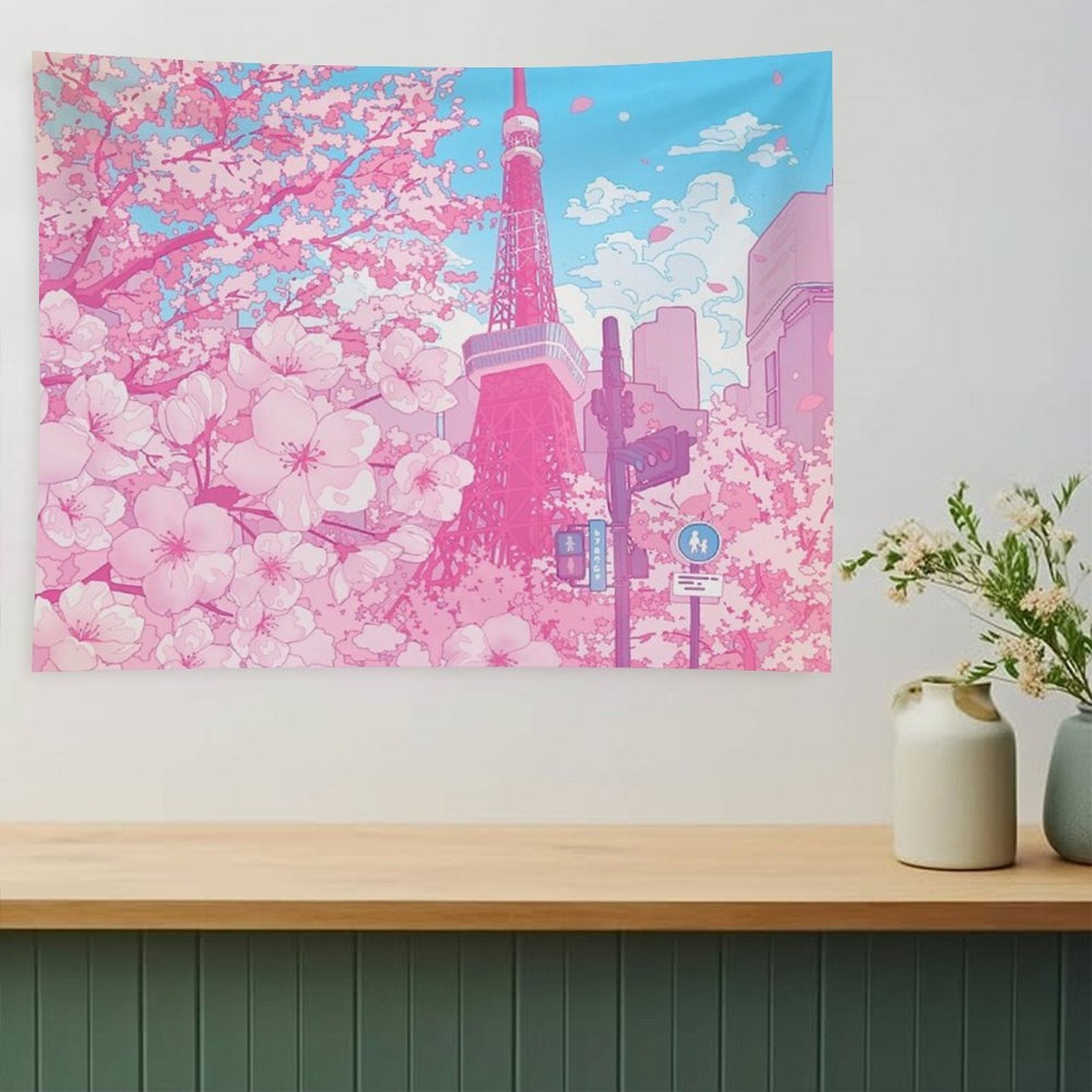 Tokyo Tower & Cherry Blossom (Corrected Colors) Tapestry