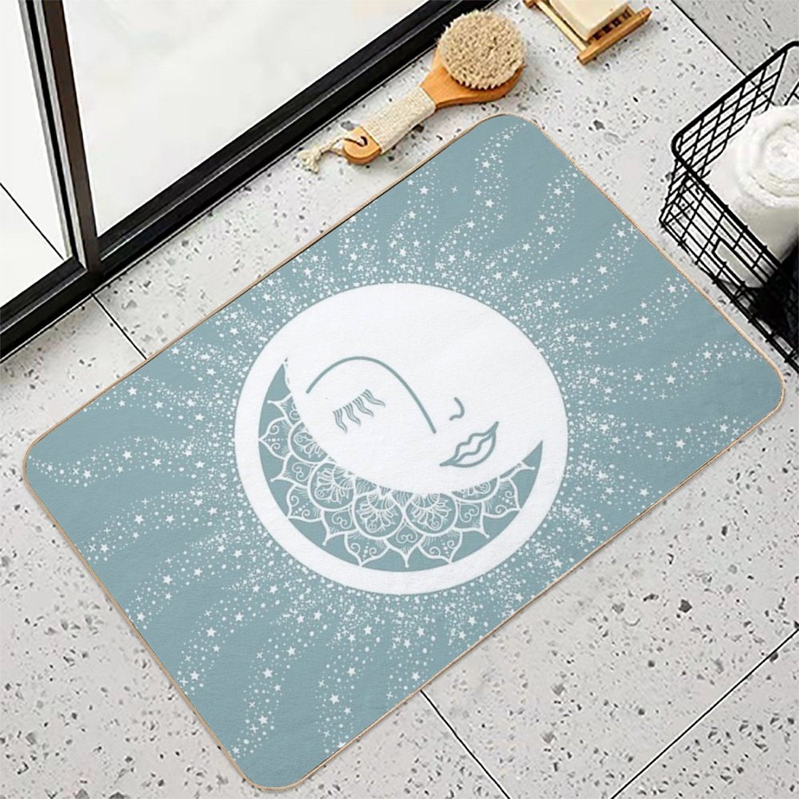 Moon Art, Teal, Mandala, Moon And Stars Art  Multi-Purpose Bath Mat