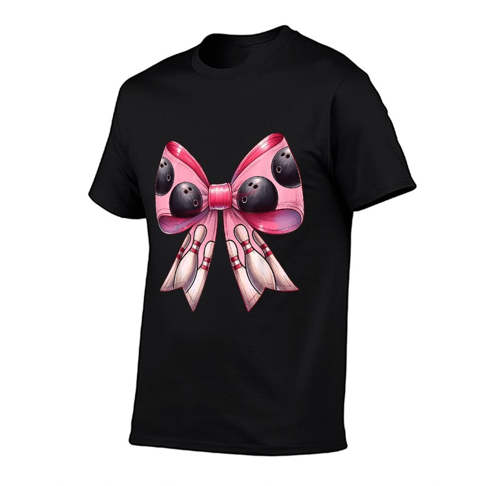 Coquette Bow Bowling Ball Pins Pattern Bowler Pink Mom Girl  Rolled Sleeves T-Shirt