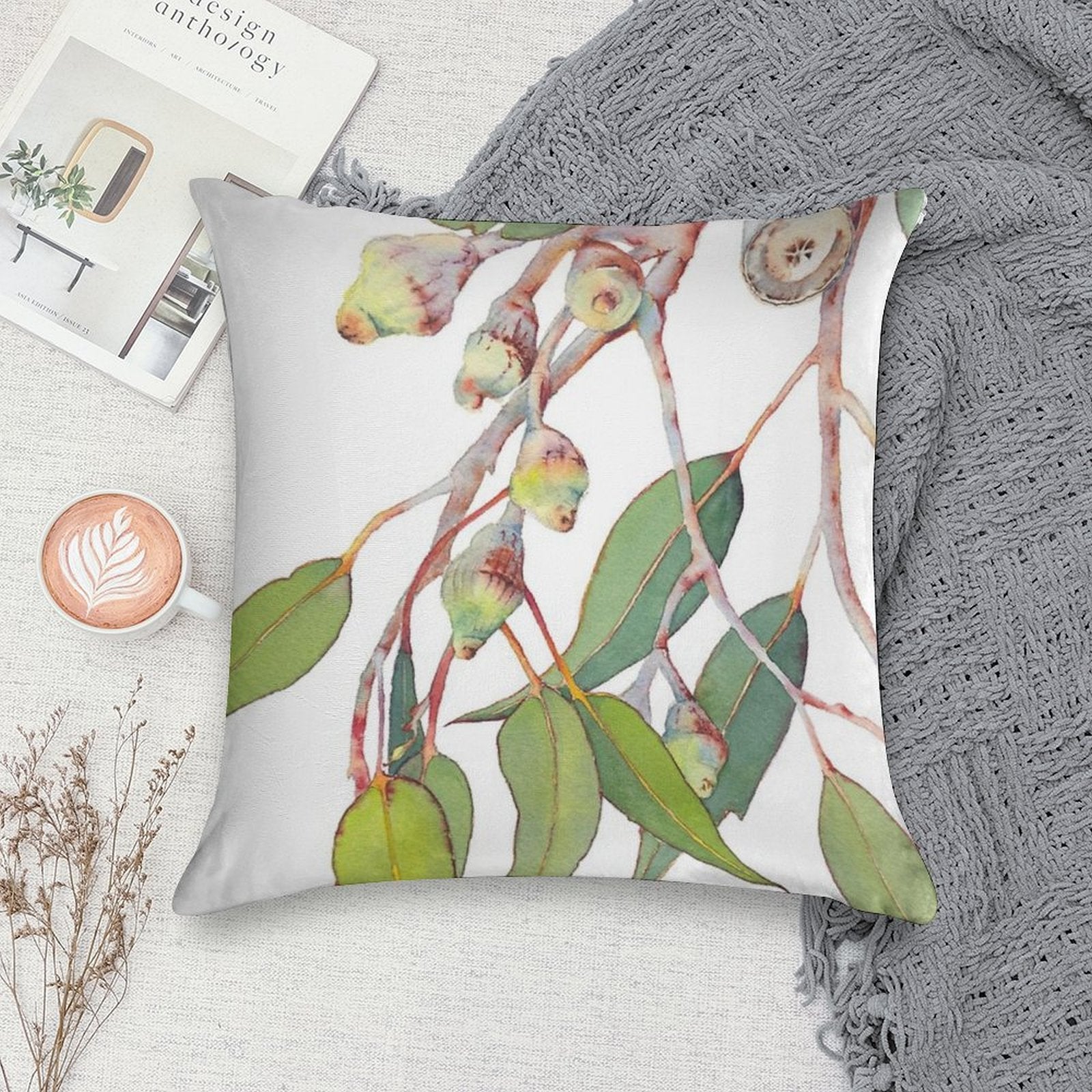 Australian Native Eucalyptus Tree Branch Watercolour Soft Hidden Zipper Throw Pillow
