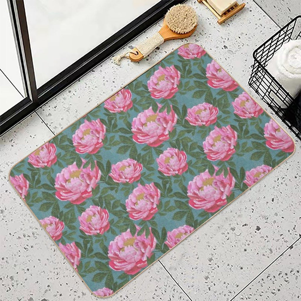 Peony on Teal  Easy To Clean Bath Mat
