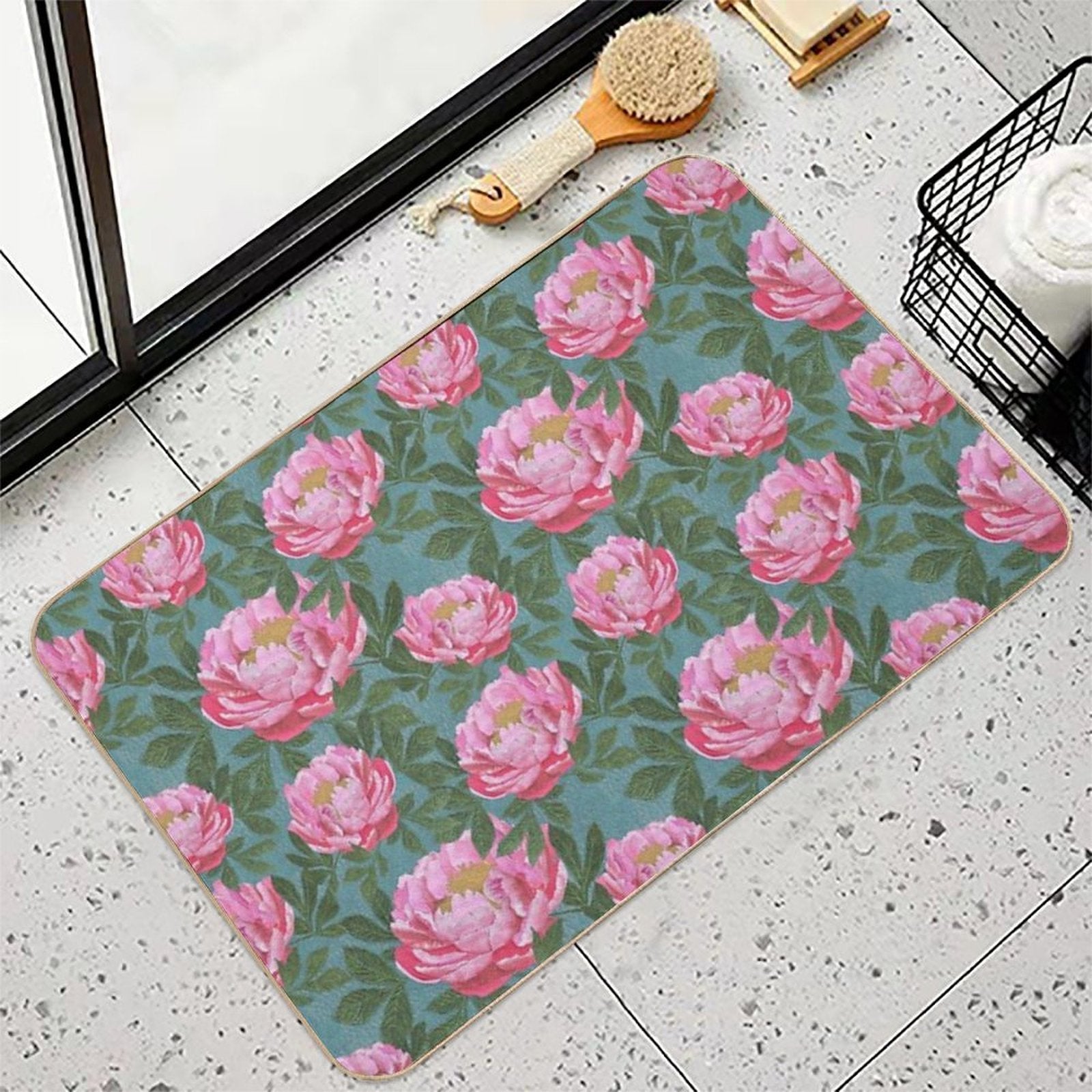 Peony on Teal  Easy To Clean Bath Mat