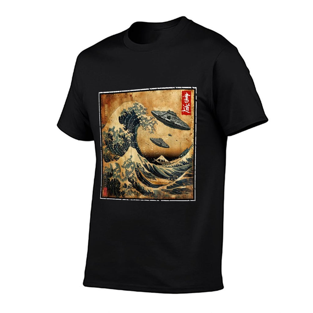The Great Wave Off Kanagawa And UFO Ships Japanese Vintage  Affordable Price T-Shirt