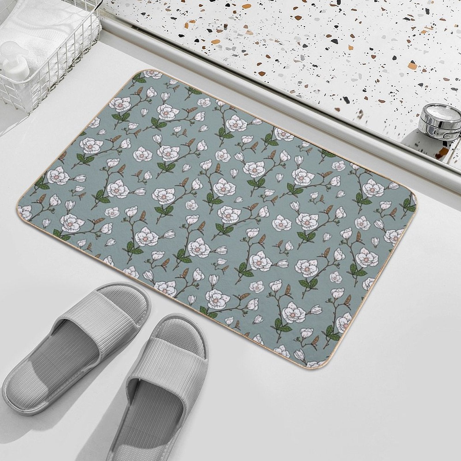 Botanical Magnolia Sprig Pattern_Sage  High-Traffic Bath Mat