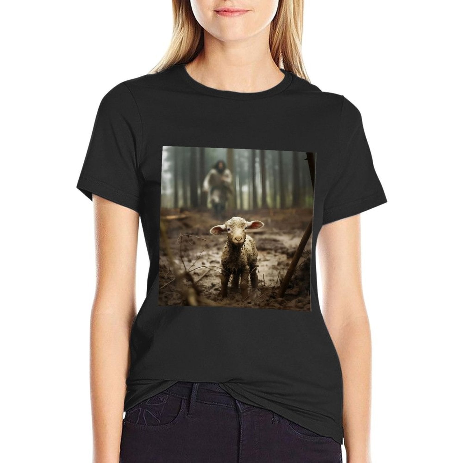 Jesus With The Sheep - Jesus Running After Lamb Art Religion  Cotton T-Shirt