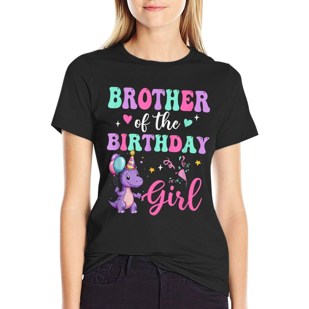 Brother Of The Birthday For Girl Dinosaur T-Rex Party Family  Ribbed Collar T-Shirt