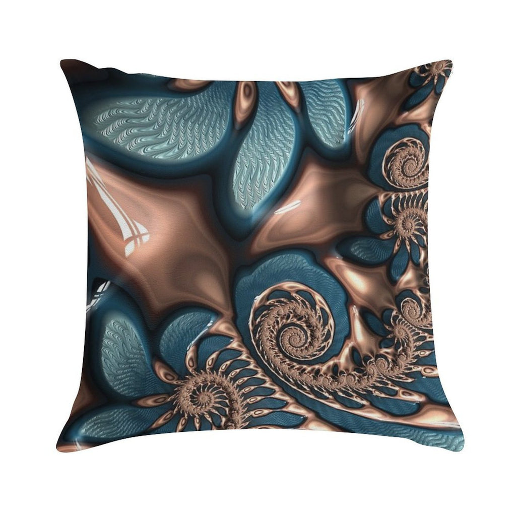 Teal And Chocolate Swirl - Blue Brown Fractal Spirals Soft Reinforced Edging Throw Pillow