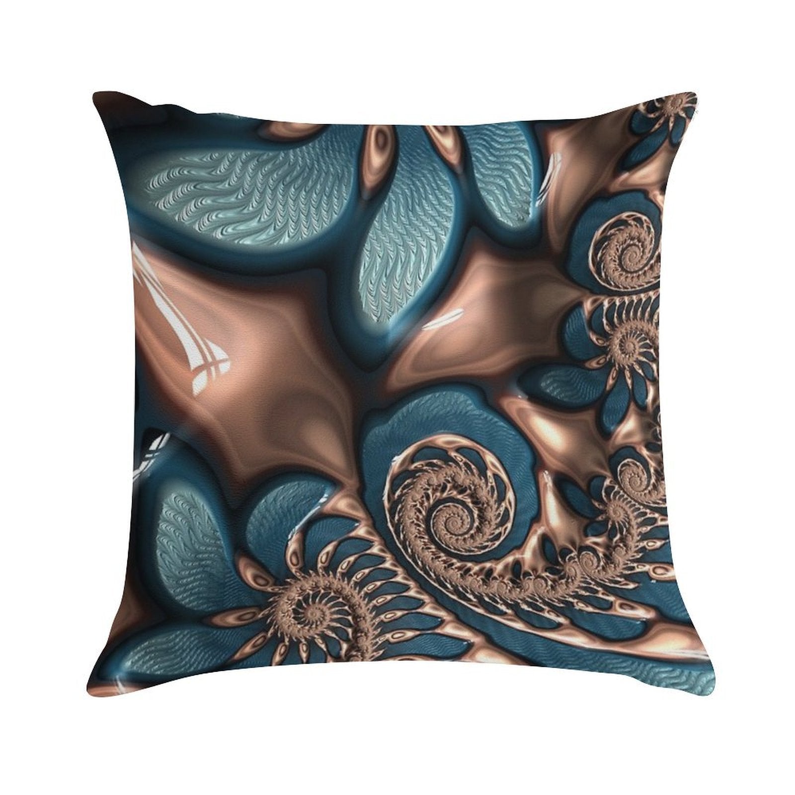 Teal And Chocolate Swirl - Blue Brown Fractal Spirals Soft Reinforced Edging Throw Pillow