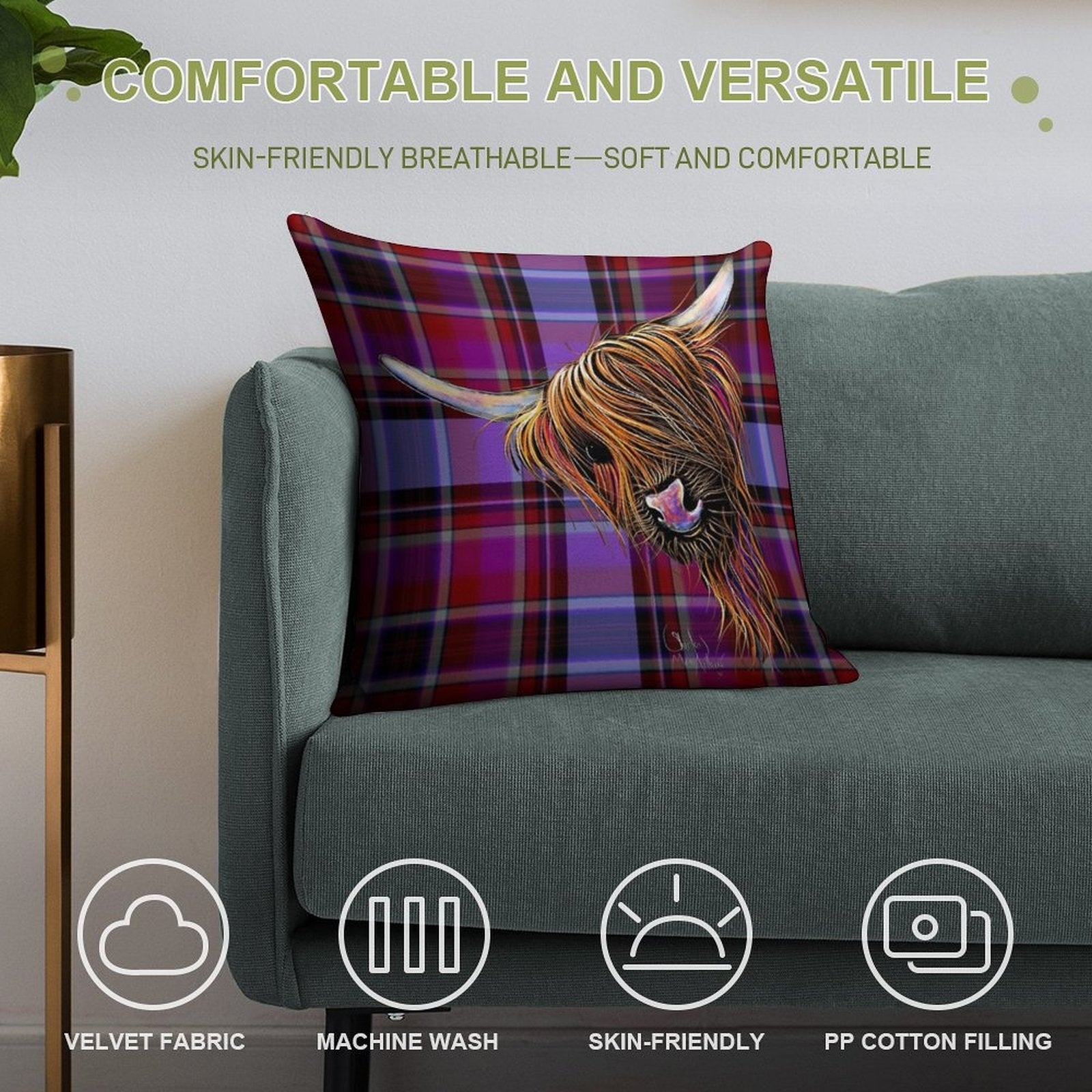 SCoTTiSH HiGHLaND CoW ' TaRTaN NooDLeS P ' by SHiRLeY MacARTHuR Soft Gift Ready Throw Pillow