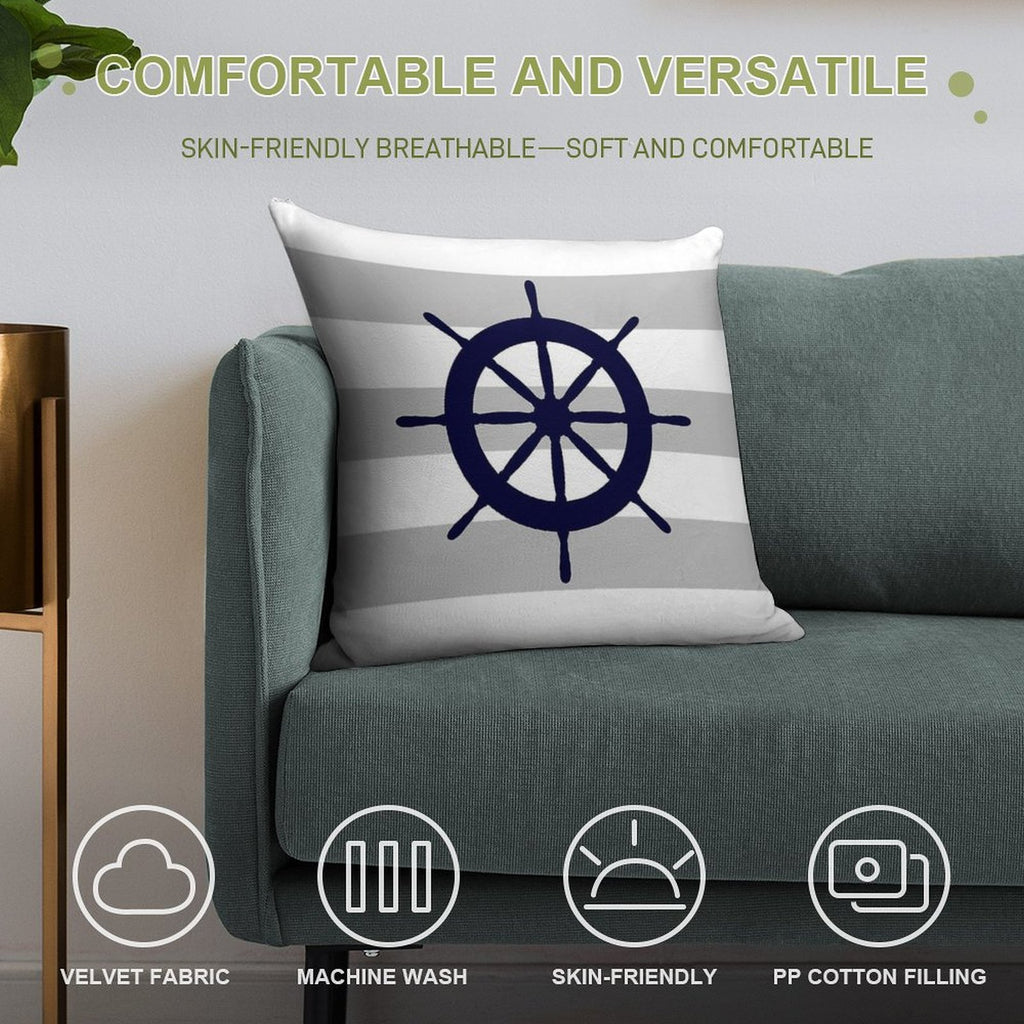 Nautical Navy Blue Ship's Wheel On Gray Stripes Soft Luxury Feel Throw Pillow