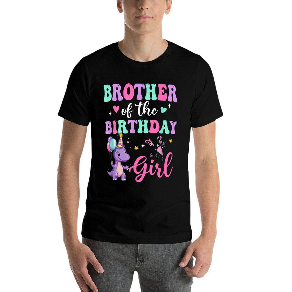 Brother Of The Birthday For Girl Dinosaur T-Rex Party Family  Ribbed Collar T-Shirt