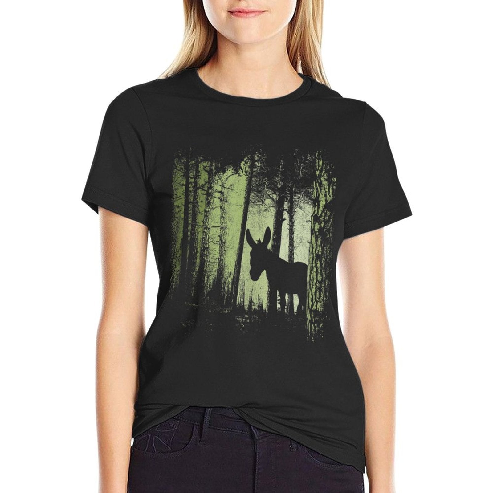 Twilight Forest Wildlife Donkey Mule Silhouette  Rolled Sleeves T-Shirt