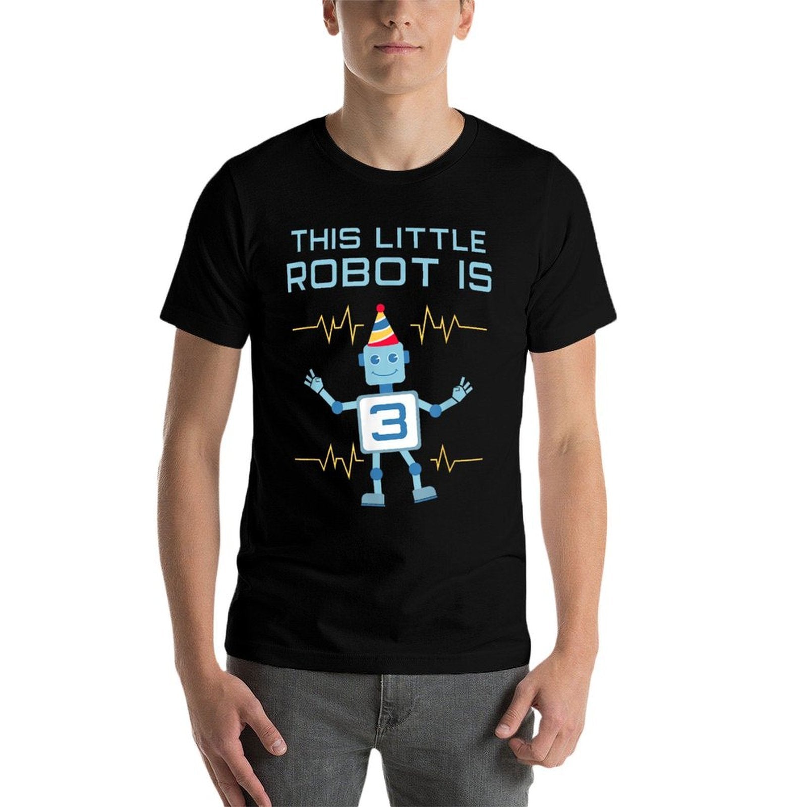 Funny 3rd Birthday Gift Cute Robot 3 Years Old Boys Toddlers  Ribbed Collar T-Shirt