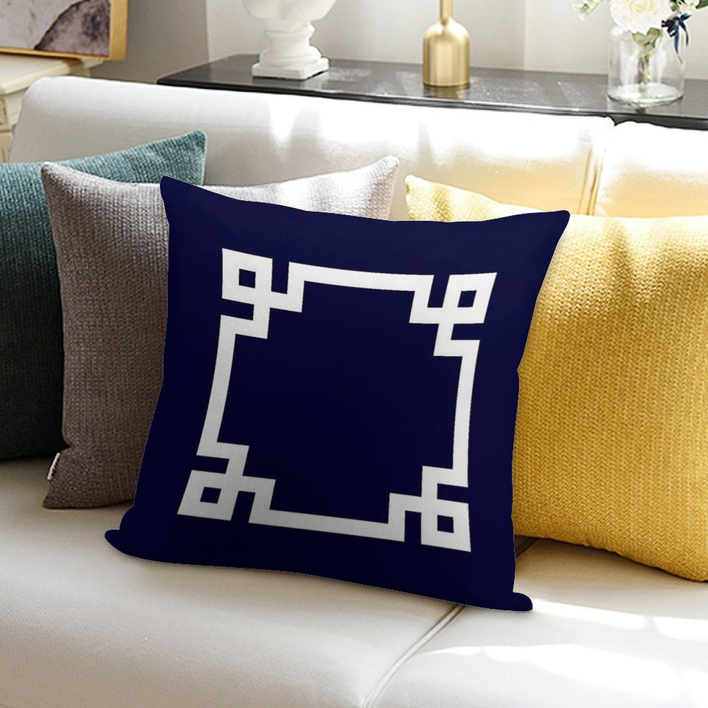 Greek Key Square White On Navy Blue Soft Short Plush Fabric Throw Pillow