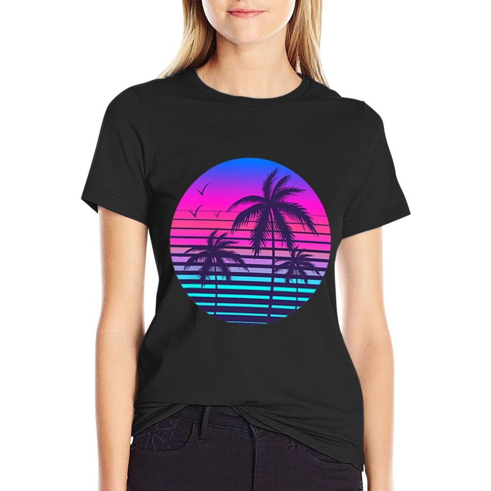 Sunset Cool Summer Vacation Men Women Beach Palm Tree  Versatile T-Shirt
