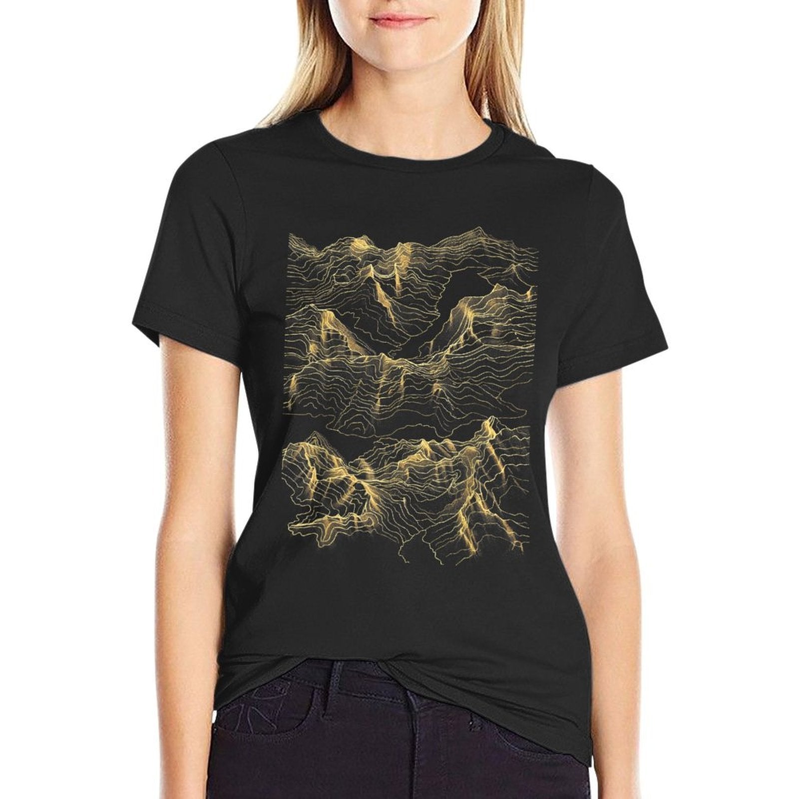 Mountain Range Abstract Art Minimalist Gold Lines - Unisex-Adults, Black, Small,, Topographic Map,  High-quality Stitching T-Shirt