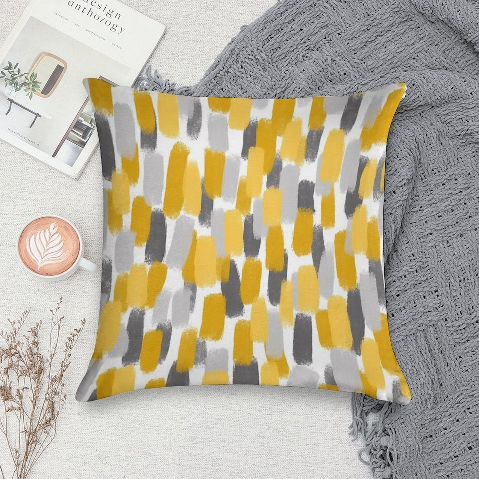 Grey And Mustard Yellow Paint Brush Effect Soft Washable Throw Pillow