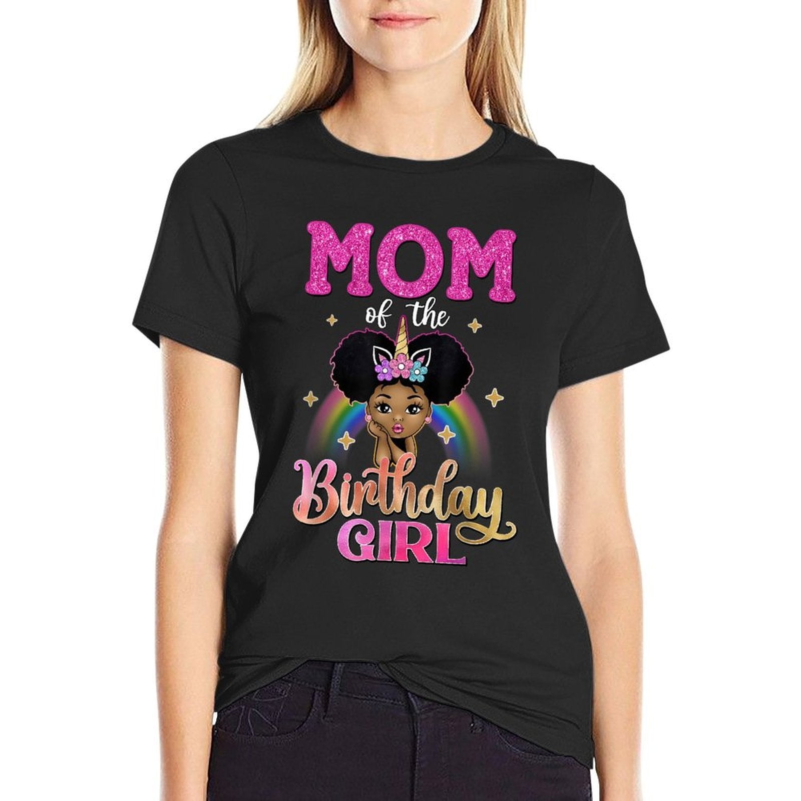 Mom of The Birthday Girl Princess Afro Melanin Unicorn  Moisture-wicking T-Shirt