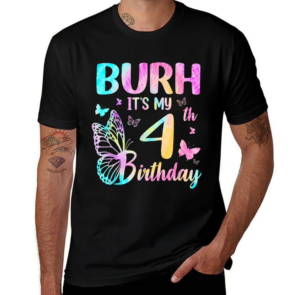 Bruh It's My 4th Birthday Butterfly Theme 4 Year Old  Ribbed Collar T-Shirt