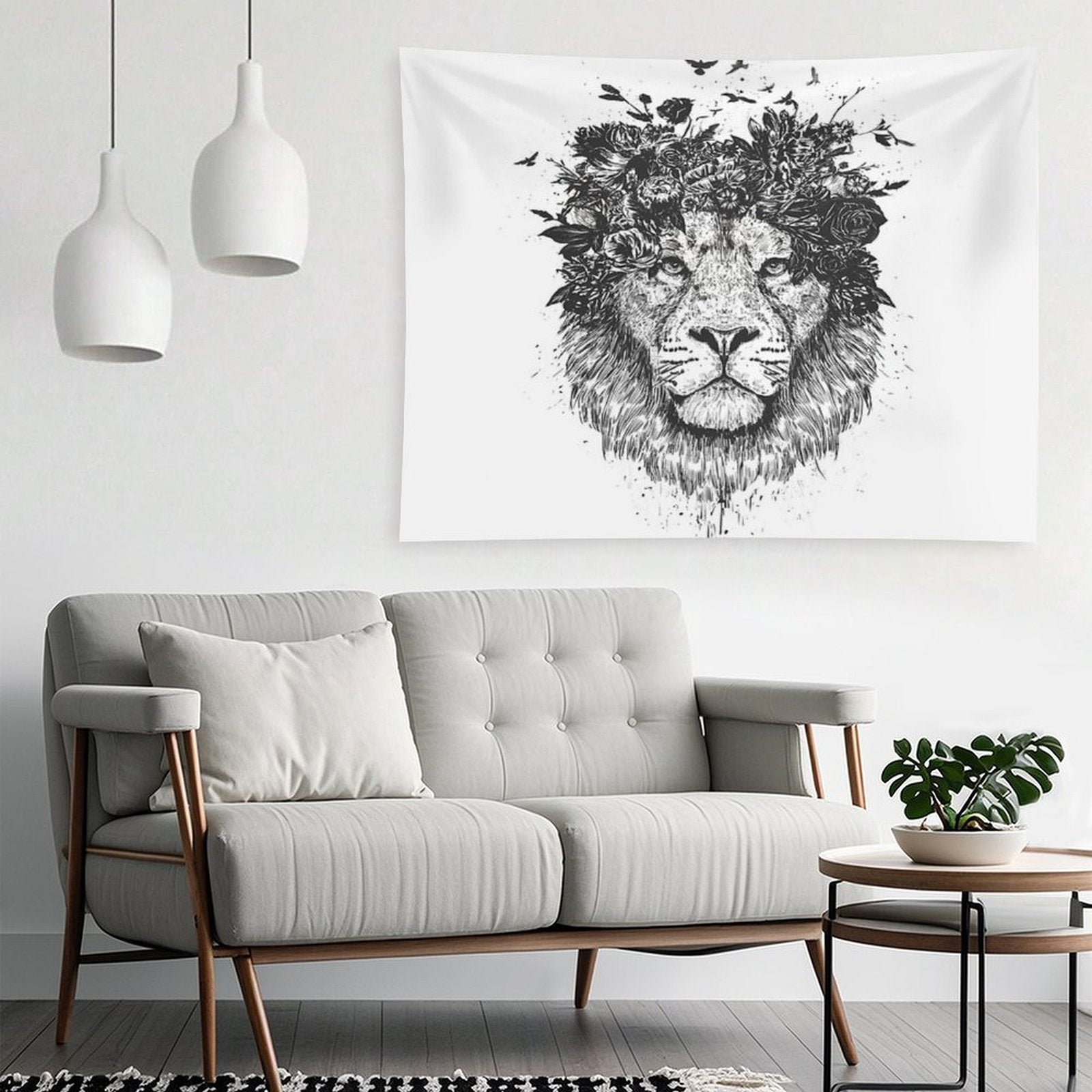 Floral Lion (bw) Tapestry