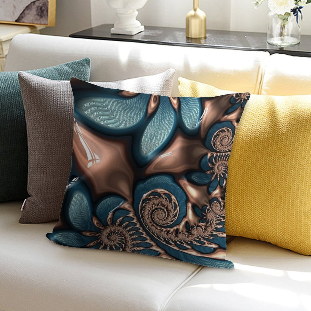 Teal And Chocolate Swirl - Blue Brown Fractal Spirals Soft Reinforced Edging Throw Pillow