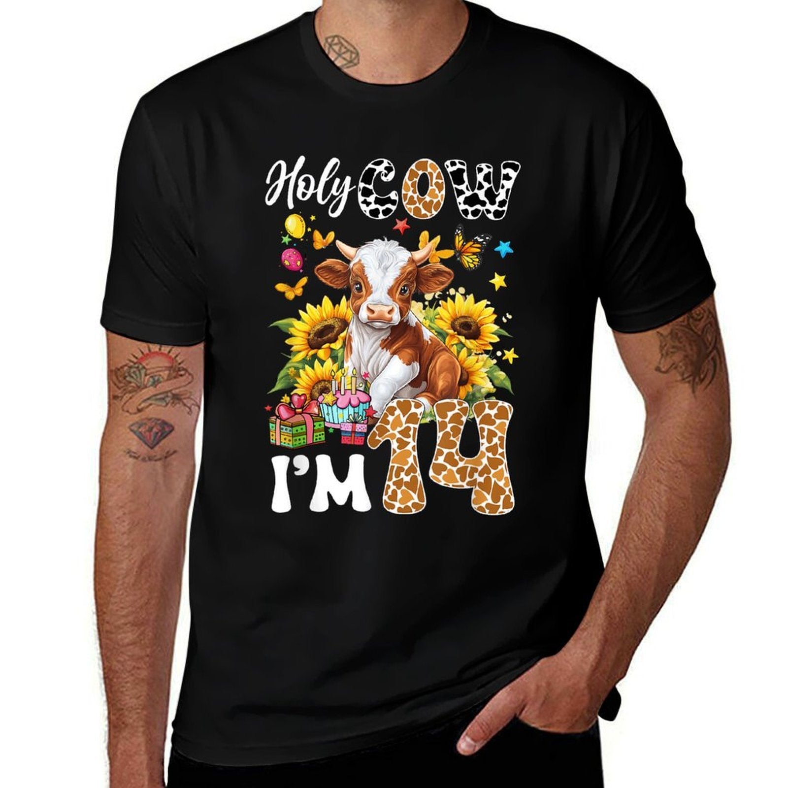 Holy Cow I'm 14 Years Old Farm Cow Sunflowers 14Th Birthday  Affordable Price T-Shirt