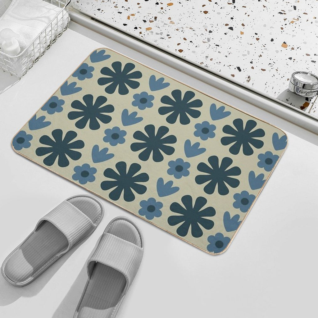 Scandi Floral Grid Retro Pattern in Vintage Blue And Beige  Long-Lasting Bath Mat