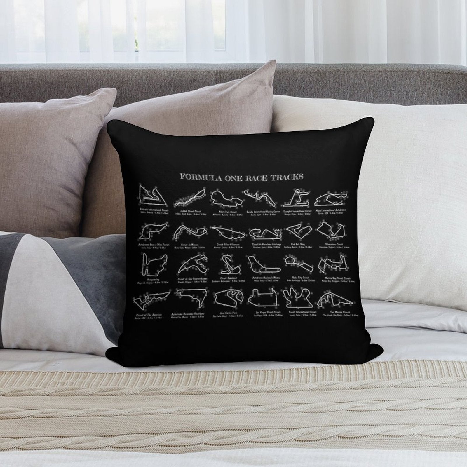 F1 Race Tracks  (White Stencil-No Background) Soft Home Decor Throw Pillow
