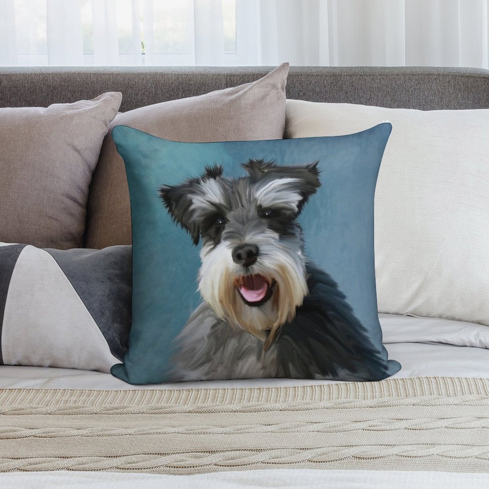 Miniature Schnauzer Dog Water Color Art Painting Soft Durable Construction Throw Pillow