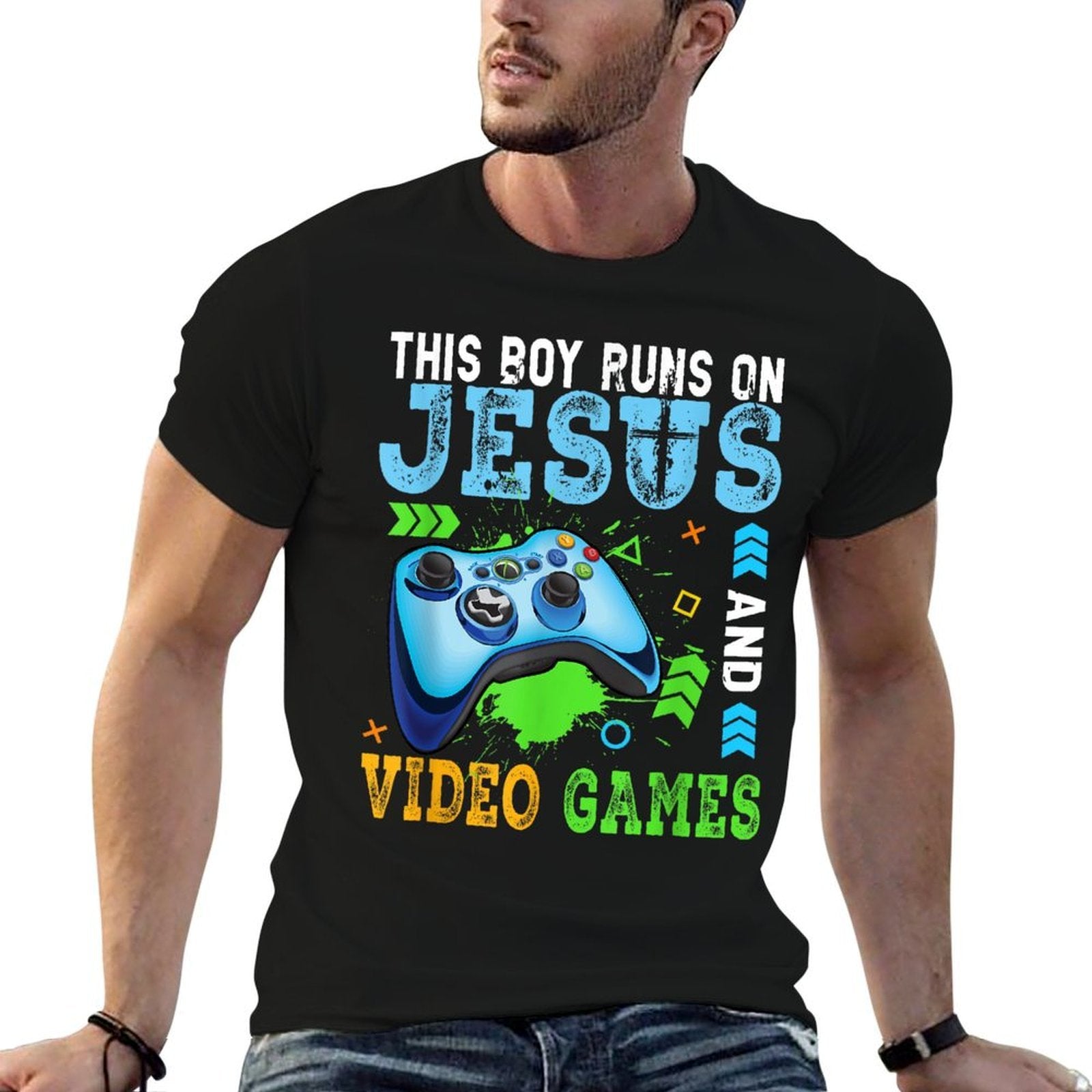 This Boy Runs On Jesus And Video Games Christian Gamer  Tagless Design T-Shirt