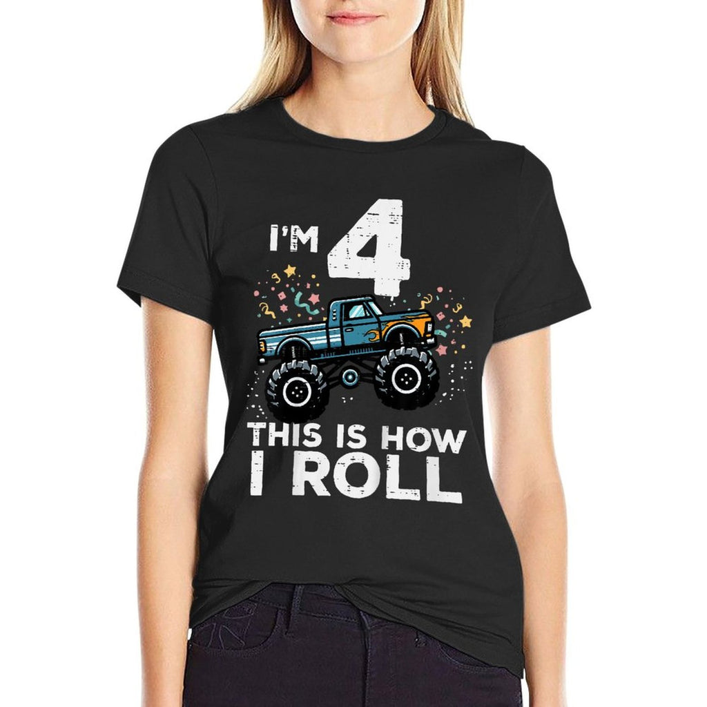Kids Im 4 Monster Truck This How I Roll 4th Birthday Boys Kids  Ribbed Collar T-Shirt