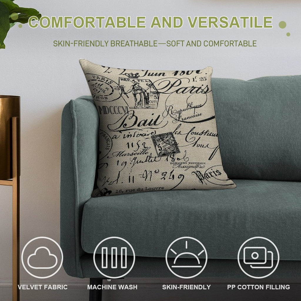 French Script Pillow Soft Hidden Zipper Throw Pillow