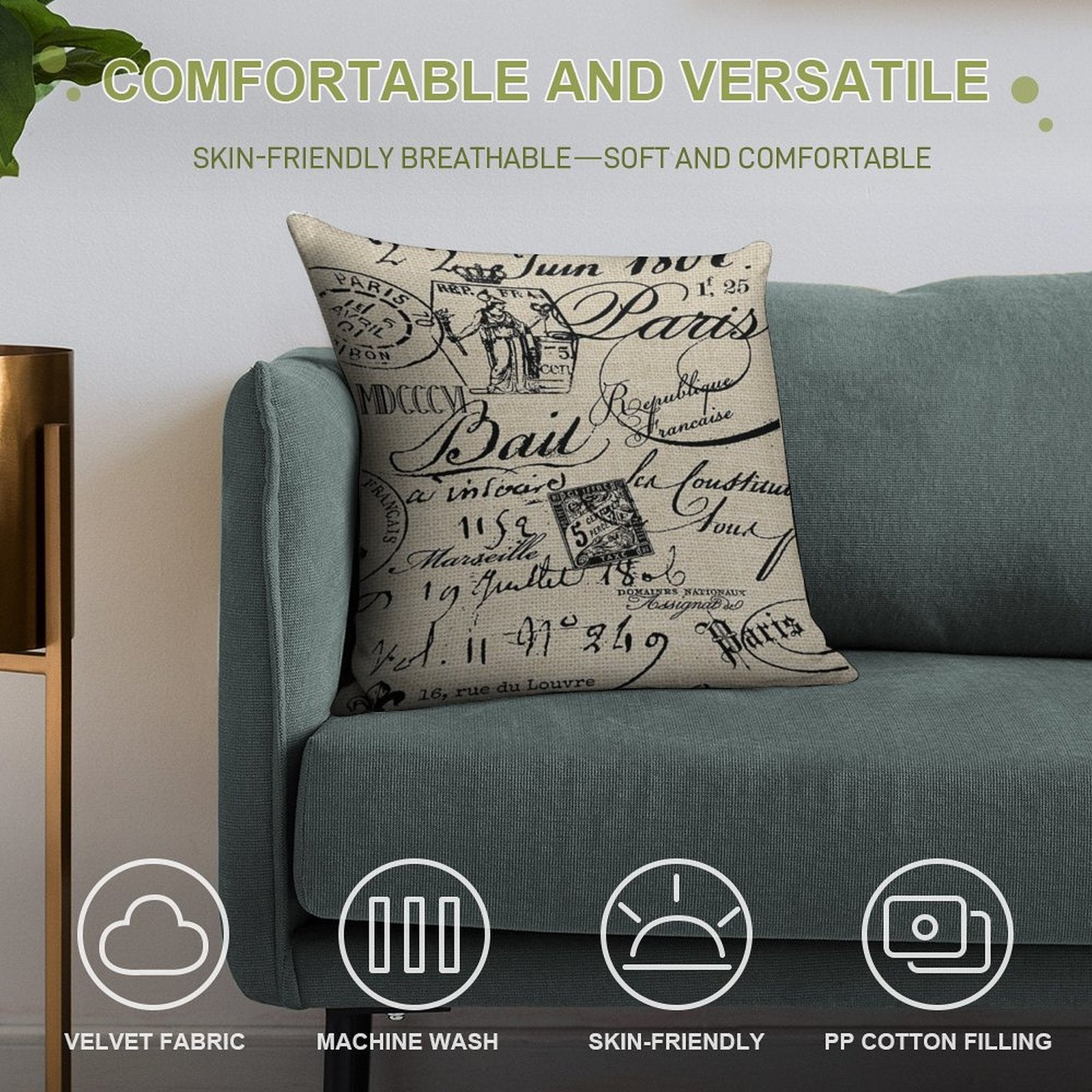 French Script Pillow Soft Hidden Zipper Throw Pillow