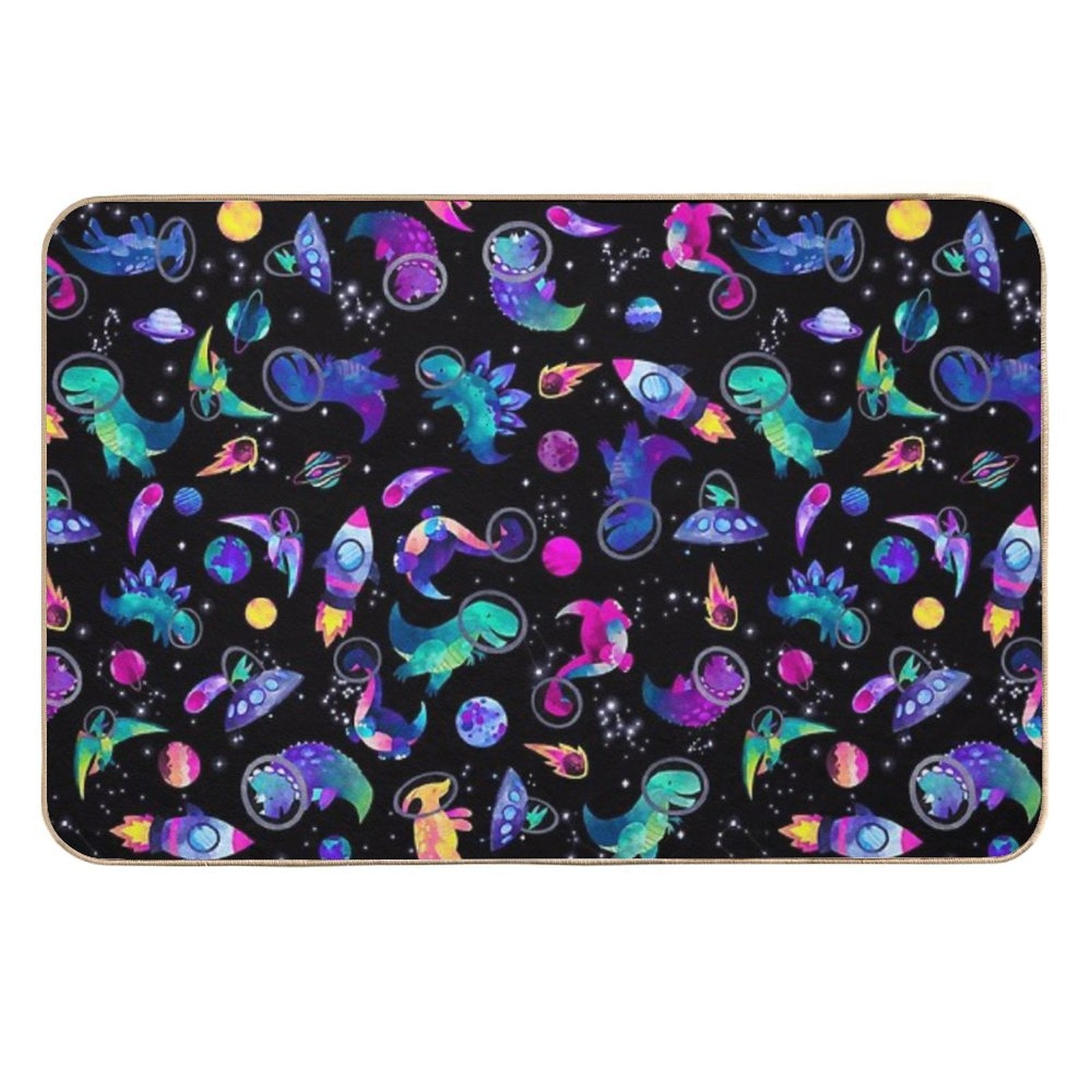 Space Dinosaur Astronauts Watercolor Pink Purple Pattern  Pet-Safe Bath Mat