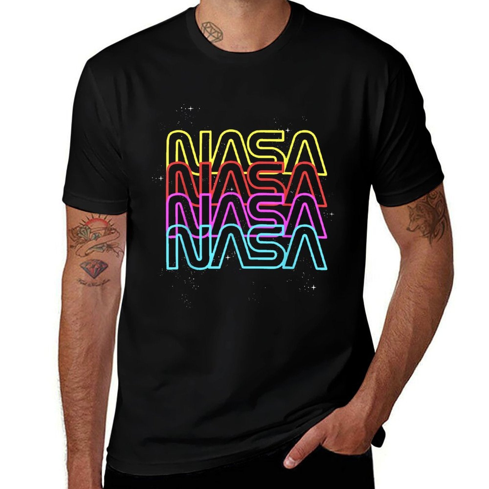 NASA Neon Rainbow Repeat Text Logo  Trendy Pattern T-Shirt