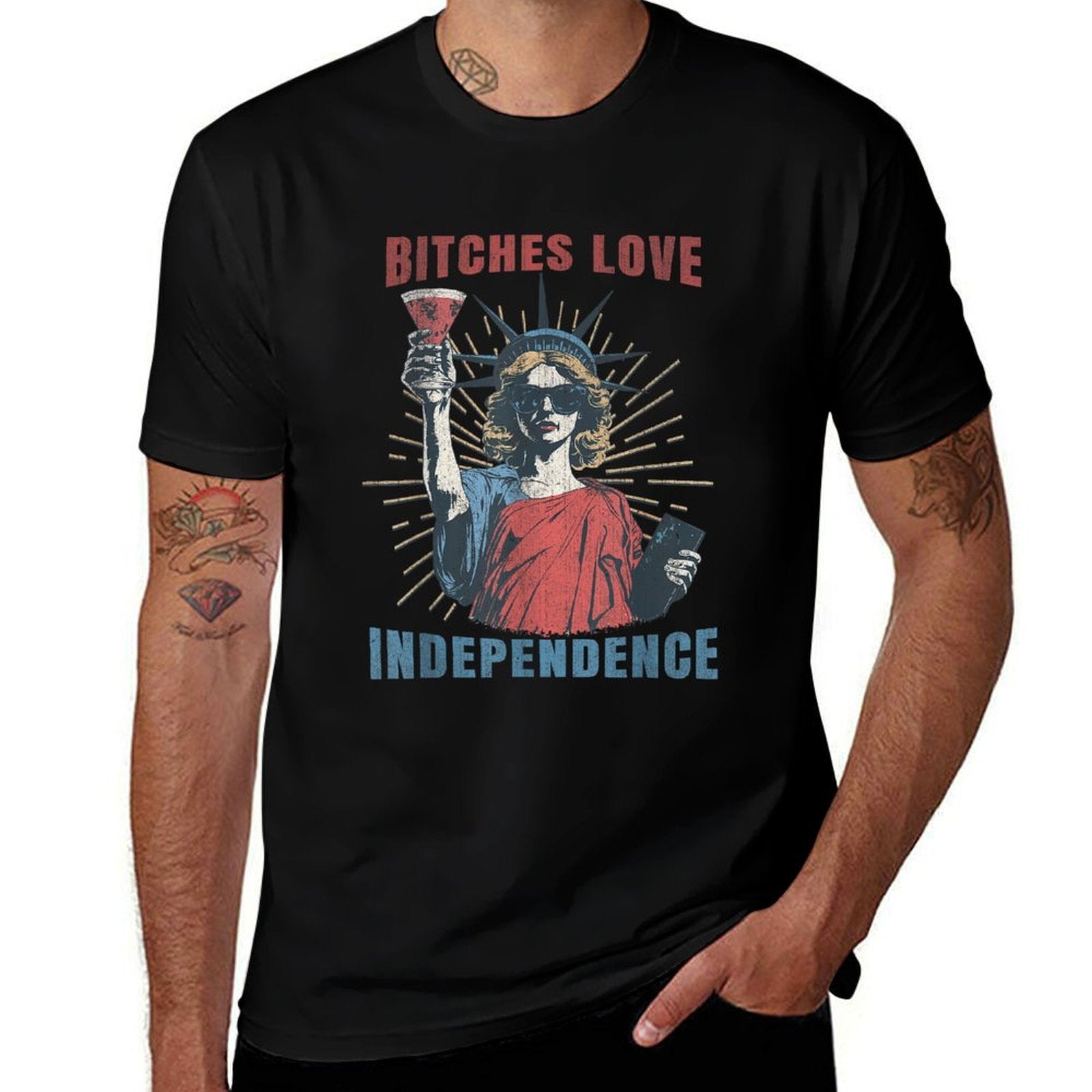 Bitches Love Independence 4th July Funny Sassy Women Girls  Ribbed Collar T-Shirt