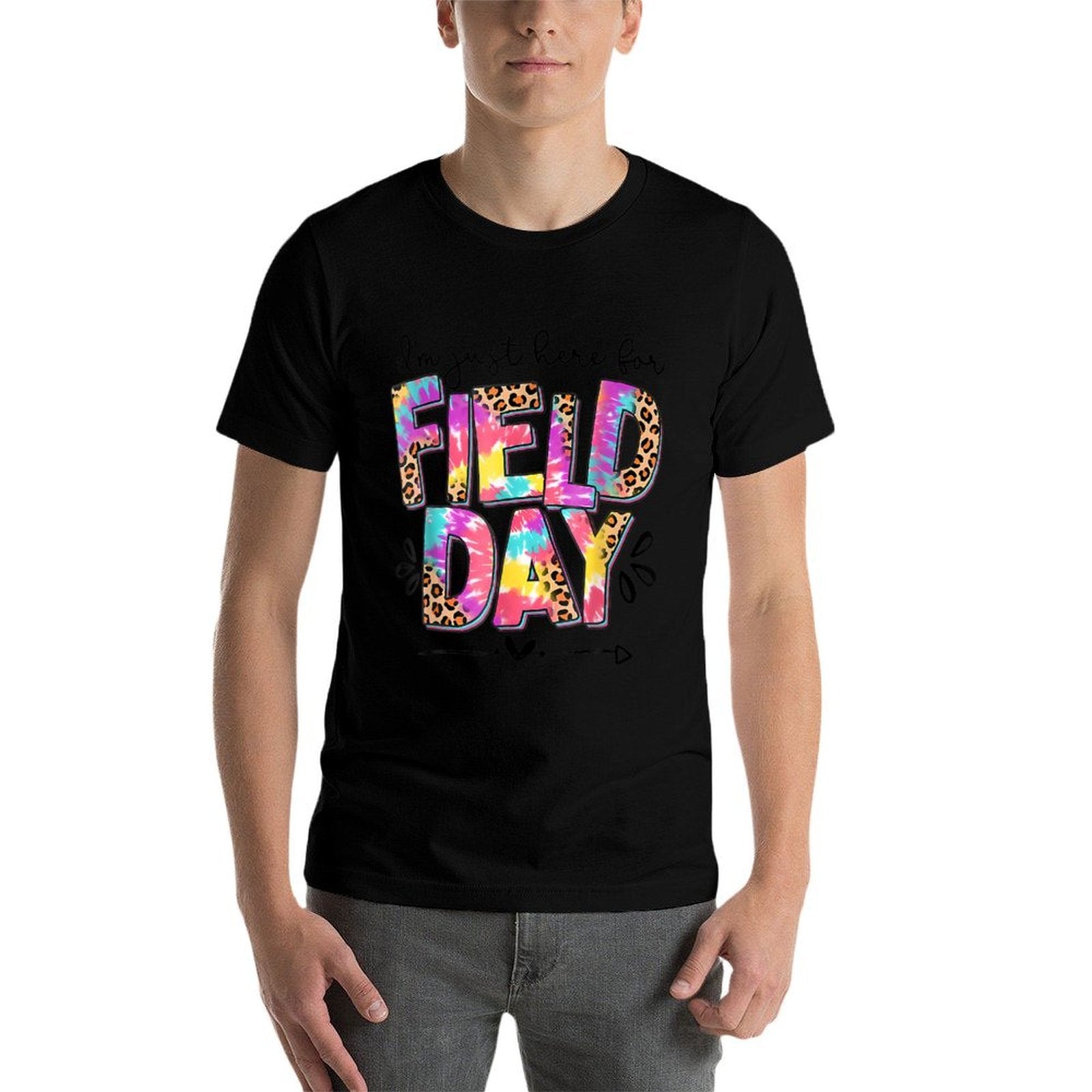 I'm Just Here For Field Day Leopard Tie Dye Last Day School  Rolled Sleeves T-Shirt