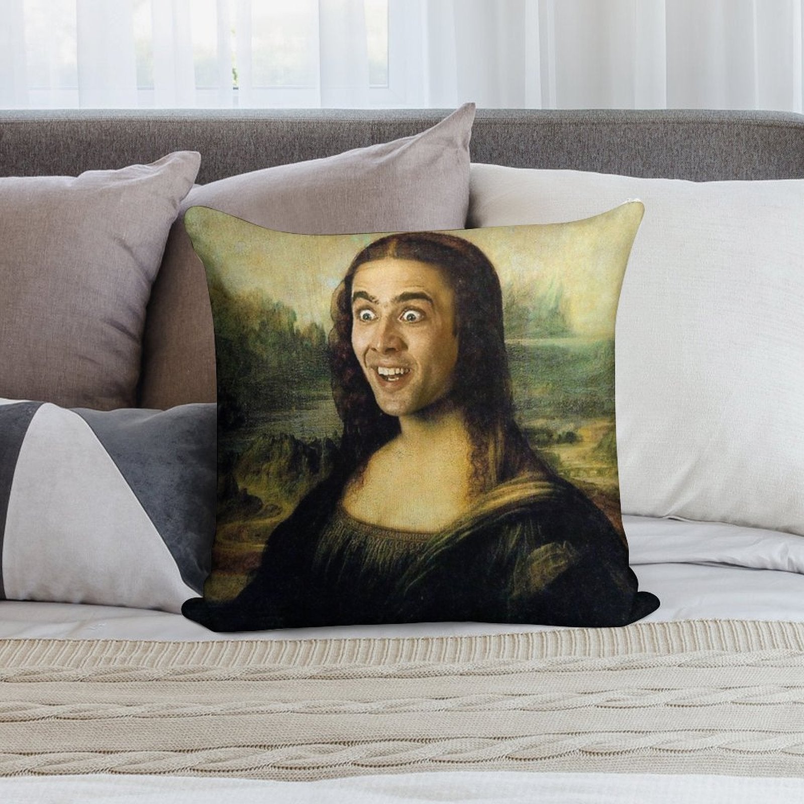 Nicolas Cage As The Mona Lisa Soft Home Decor Throw Pillow
