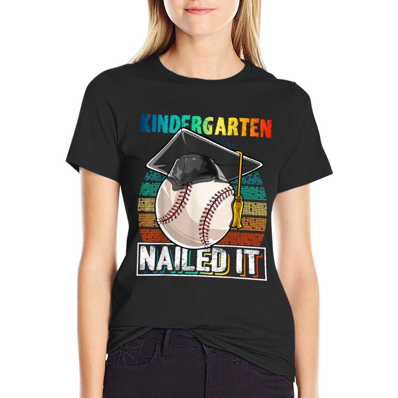 Kindergarten Nailed It Baseball Graduation Cap Retro Boys  Rolled Sleeves T-Shirt