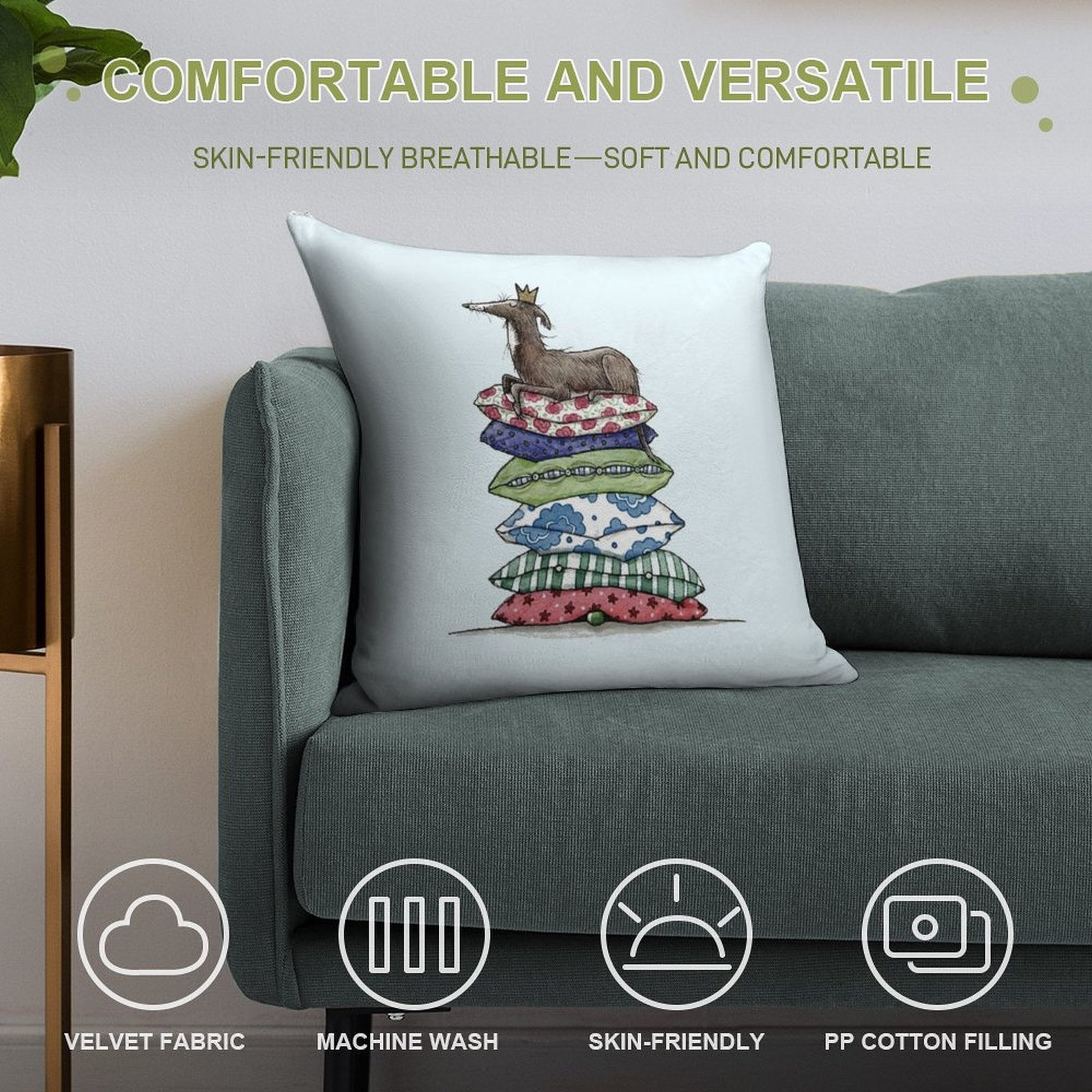 Princess On The Pea - Greyhound - Galgo - Whippet - Italian Greyhound Soft Fade-Resistant Throw Pillow