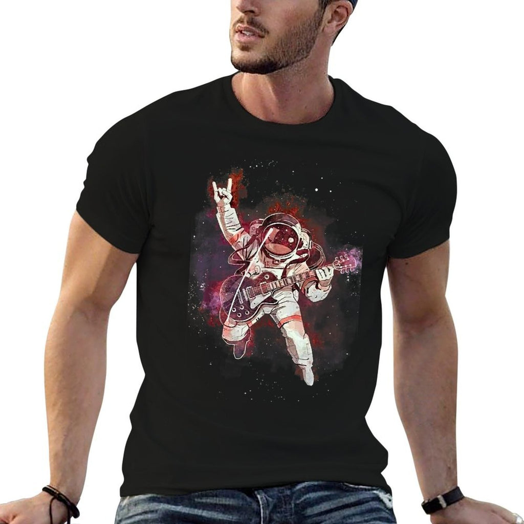 Space Astronaut Playing Guitar Astronomy Electric Guitarist  Rolled Sleeves T-Shirt